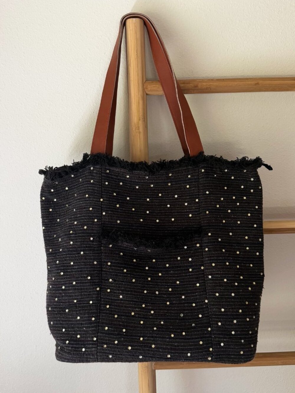 Fleurs Silk Studded Fringe Tote Black Textured Boho Shoulder Bag Large